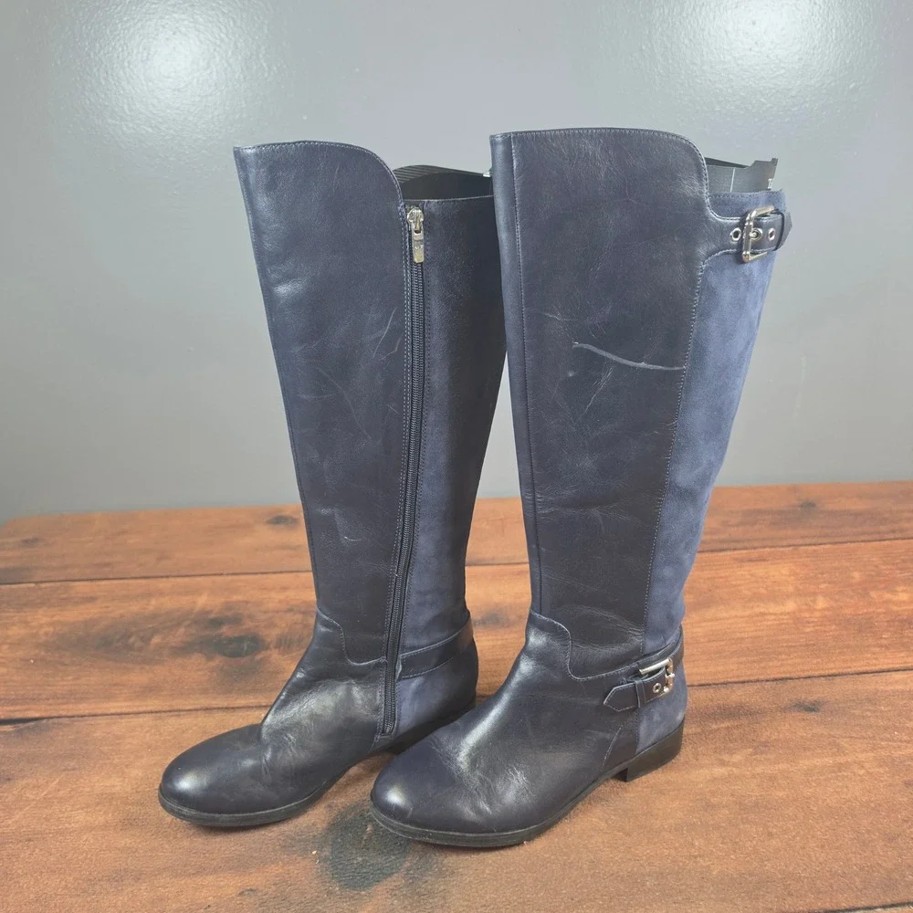 Marc Fisher Riding Boots Women 7W Navy Blue Good Leather Suede Wide Calf A281483